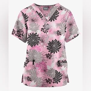 Uniform Advantage Pink and Black Floral Scrub Top 2 Pockets